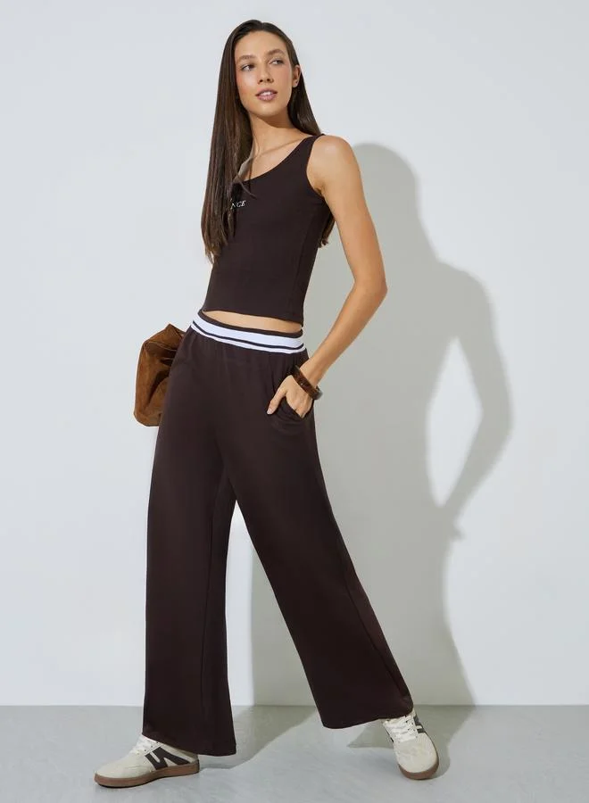 ستايلي Coffee Brown Solid Elasticated Waist Wide Leg Joggers