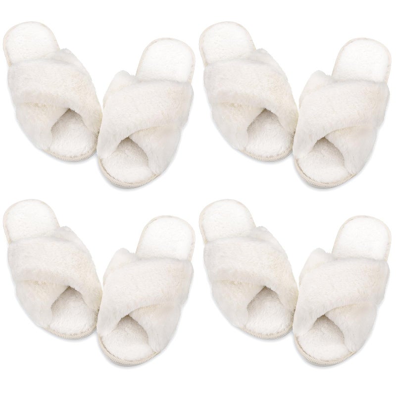 Newcotte 4 Pairs Women's Fuzzy Slippers Bridesmaid Slippers Open Toe Cross Band Plush Furry House Soft Fluffy Cozy(White,5-6) - Image 1
