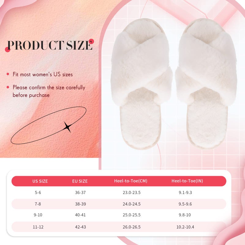 Newcotte 4 Pairs Women's Fuzzy Slippers Bridesmaid Slippers Open Toe Cross Band Plush Furry House Soft Fluffy Cozy(White,5-6) - Image 3