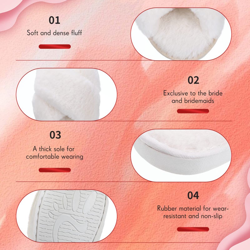 Newcotte 4 Pairs Women's Fuzzy Slippers Bridesmaid Slippers Open Toe Cross Band Plush Furry House Soft Fluffy Cozy(White,5-6) - Image 4