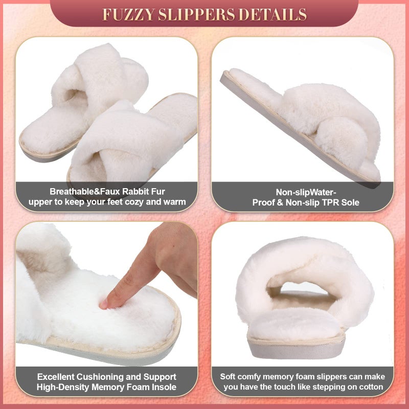 Newcotte 4 Pairs Women's Fuzzy Slippers Bridesmaid Slippers Open Toe Cross Band Plush Furry House Soft Fluffy Cozy(White,5-6) - Image 2