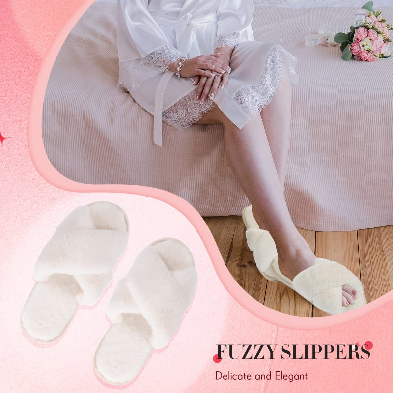 Newcotte 4 Pairs Women's Fuzzy Slippers Bridesmaid Slippers Open Toe Cross Band Plush Furry House Soft Fluffy Cozy(White,5-6) - Image 5