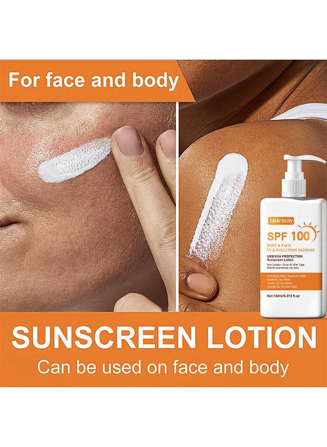 LANEMAY SPF 100 Sunscreen Lotion For Body & Face, Travel Size Sunblock, Oil Free Facial Sun Screen, UVA UVB Protection, Sun Screen Protector For Face & Body, Non-Greasy, No White Cast Waterproof Sunscreen, Lightweight Hydrating Sunscreen For Outdoor Use, 150ml - Image 5