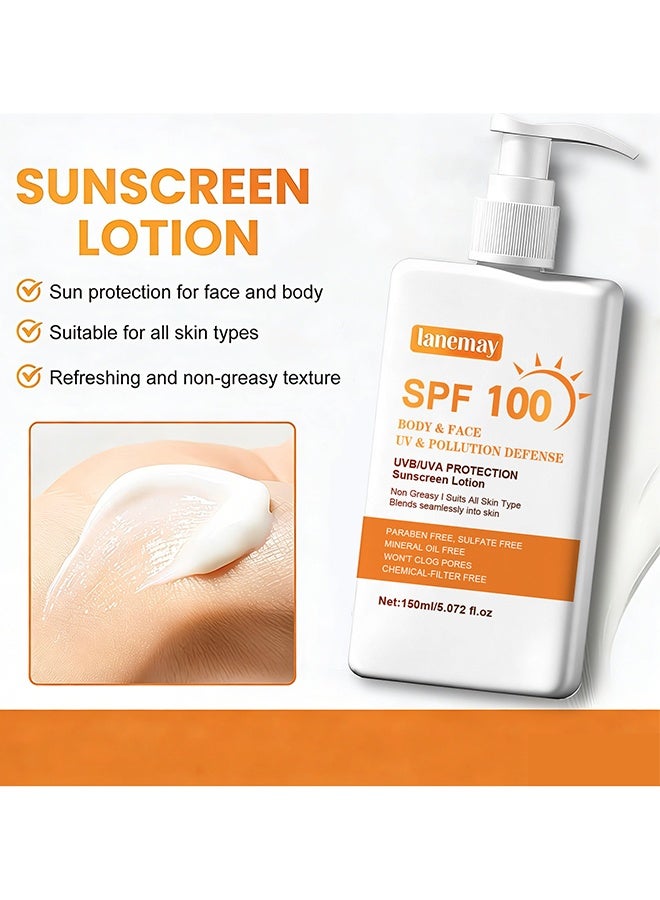 LANEMAY SPF 100 Sunscreen Lotion For Body & Face, Travel Size Sunblock, Oil Free Facial Sun Screen, UVA UVB Protection, Sun Screen Protector For Face & Body, Non-Greasy, No White Cast Waterproof Sunscreen, Lightweight Hydrating Sunscreen For Outdoor Use, 150ml - Image 2