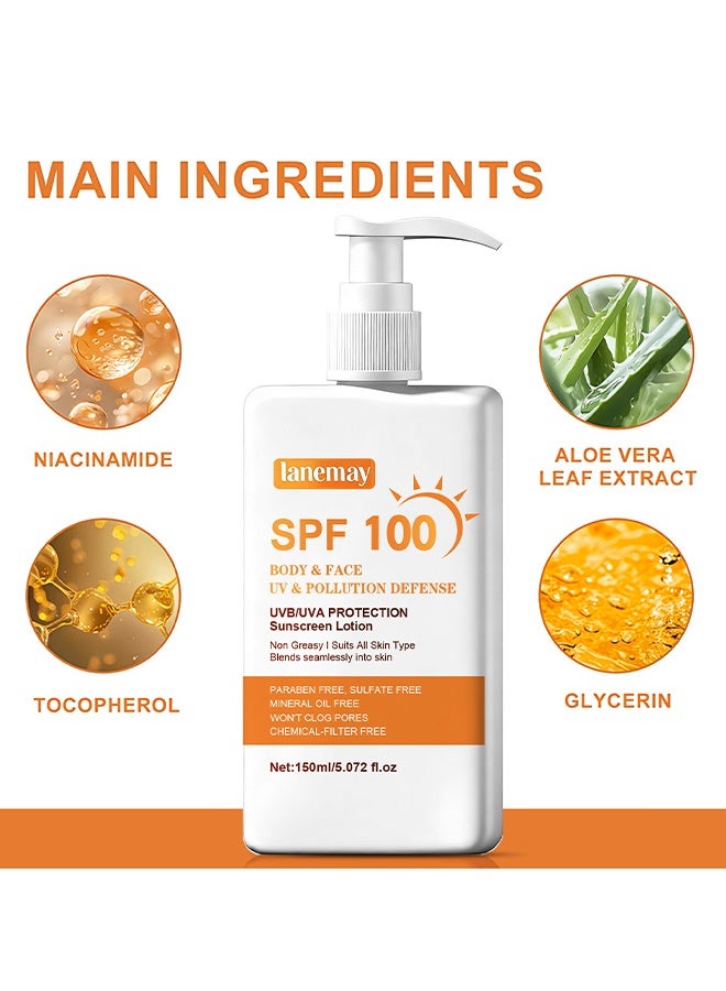 LANEMAY SPF 100 Sunscreen Lotion For Body & Face, Travel Size Sunblock, Oil Free Facial Sun Screen, UVA UVB Protection, Sun Screen Protector For Face & Body, Non-Greasy, No White Cast Waterproof Sunscreen, Lightweight Hydrating Sunscreen For Outdoor Use, 150ml - Image 3