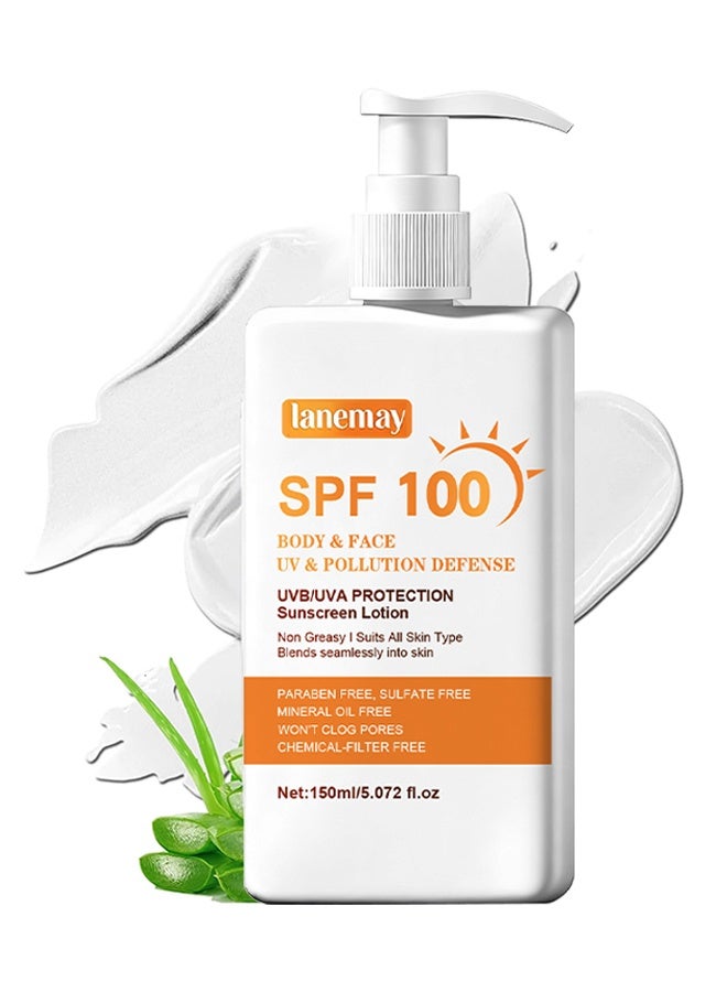 LANEMAY SPF 100 Sunscreen Lotion For Body & Face, Travel Size Sunblock, Oil Free Facial Sun Screen, UVA UVB Protection, Sun Screen Protector For Face & Body, Non-Greasy, No White Cast Waterproof Sunscreen, Lightweight Hydrating Sunscreen For Outdoor Use, 150ml - Image 1