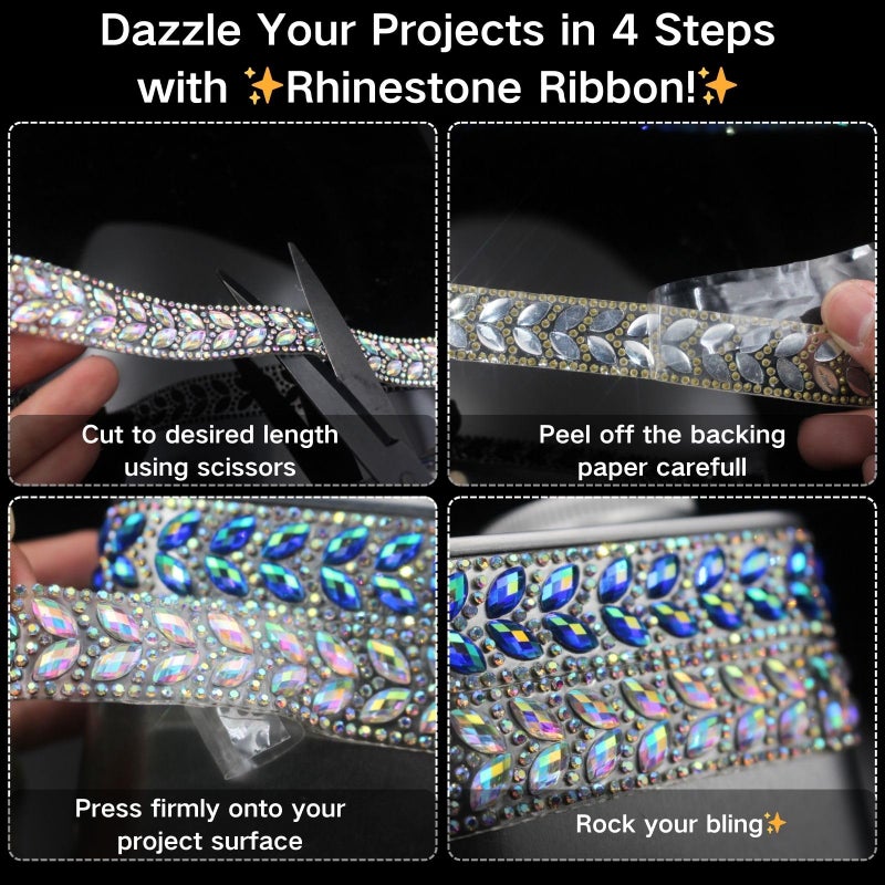 PEARLY JUN 1 Yard Rhinestone Ribbon Self Adhesive Silver AB Bling Stickers Bedazzling Strips Trim Chain Tape Glitter Diamond Crystal Crafts Applique Sticker for Party Phone Wedding Cake Decoration - Image 4