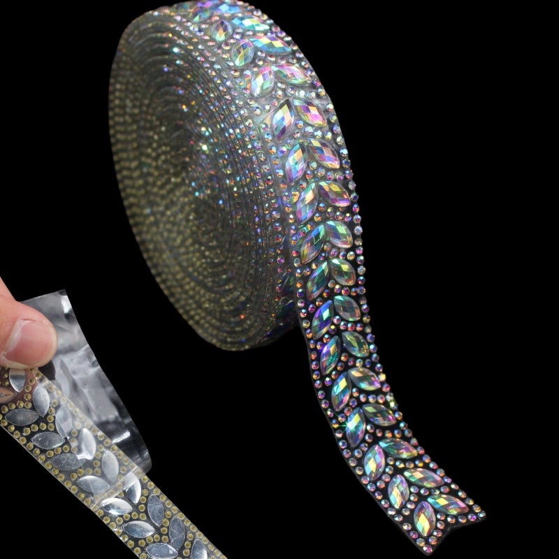 PEARLY JUN 1 Yard Rhinestone Ribbon Self Adhesive Silver AB Bling Stickers Bedazzling Strips Trim Chain Tape Glitter Diamond Crystal Crafts Applique Sticker for Party Phone Wedding Cake Decoration - Image 1