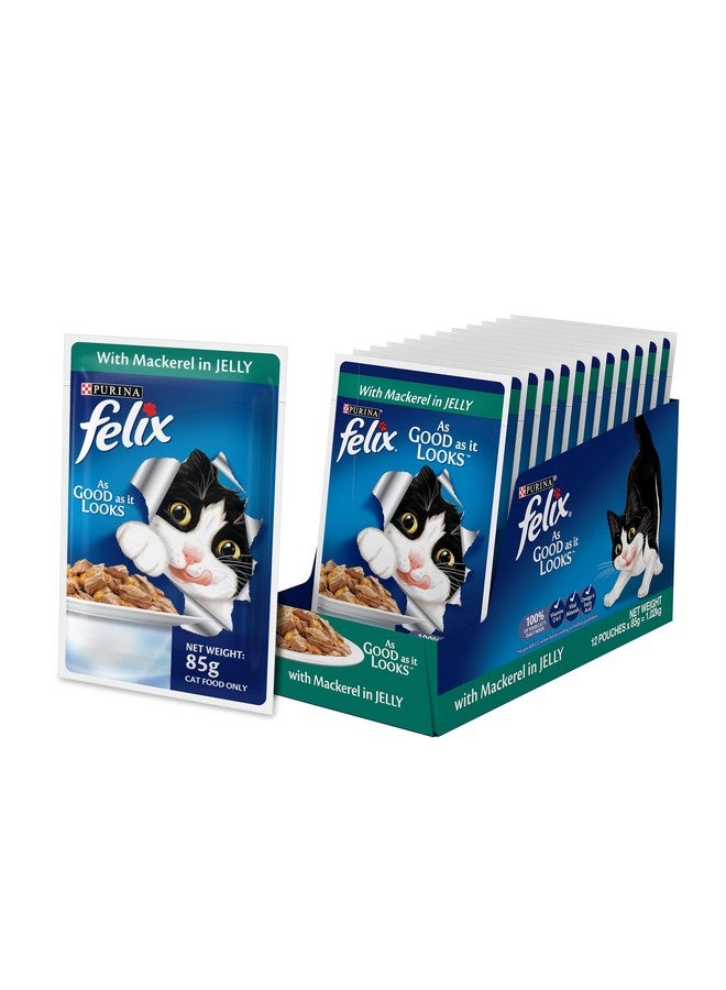 PURINA Felix As Good As It Looks Wet Food For Adult Cats|Complete And Balanced Cat Food |Mackerel Flavour|Pack Of 12 Pouches (12 X 85 G)
