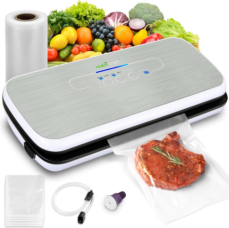 NutriChef Food Vacuum Sealer Machine - Automatic Air Sealing System for Dry & Moist Foods, LED Touch Controls, Includes Vacuum Bags, Hose & Wine Stopper, High Suction Power, 14"x6"x3", Silver - Image 1