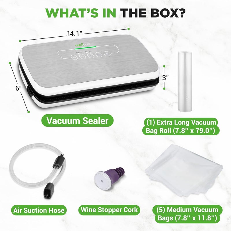 NutriChef Food Vacuum Sealer Machine - Automatic Air Sealing System for Dry & Moist Foods, LED Touch Controls, Includes Vacuum Bags, Hose & Wine Stopper, High Suction Power, 14"x6"x3", Silver - Image 5