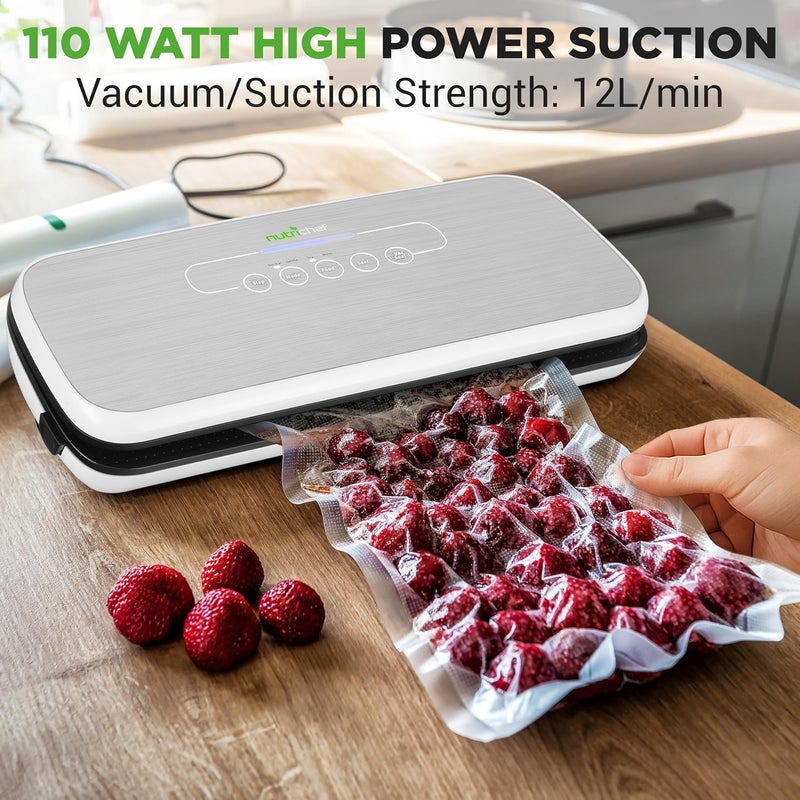 NutriChef Food Vacuum Sealer Machine - Automatic Air Sealing System for Dry & Moist Foods, LED Touch Controls, Includes Vacuum Bags, Hose & Wine Stopper, High Suction Power, 14"x6"x3", Silver - Image 2