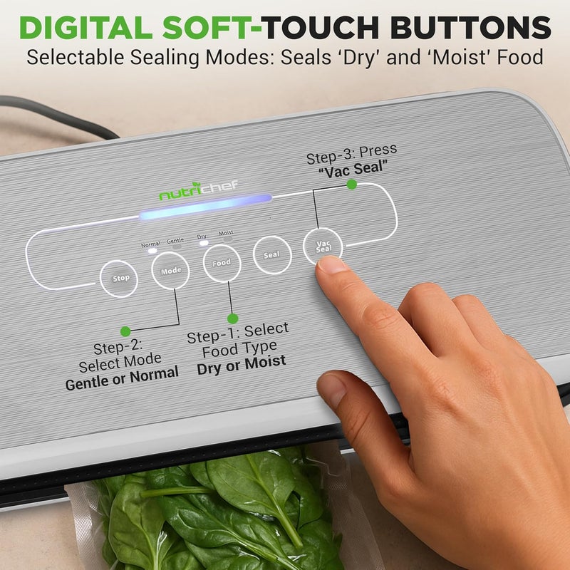 NutriChef Food Vacuum Sealer Machine - Automatic Air Sealing System for Dry & Moist Foods, LED Touch Controls, Includes Vacuum Bags, Hose & Wine Stopper, High Suction Power, 14"x6"x3", Silver - Image 3