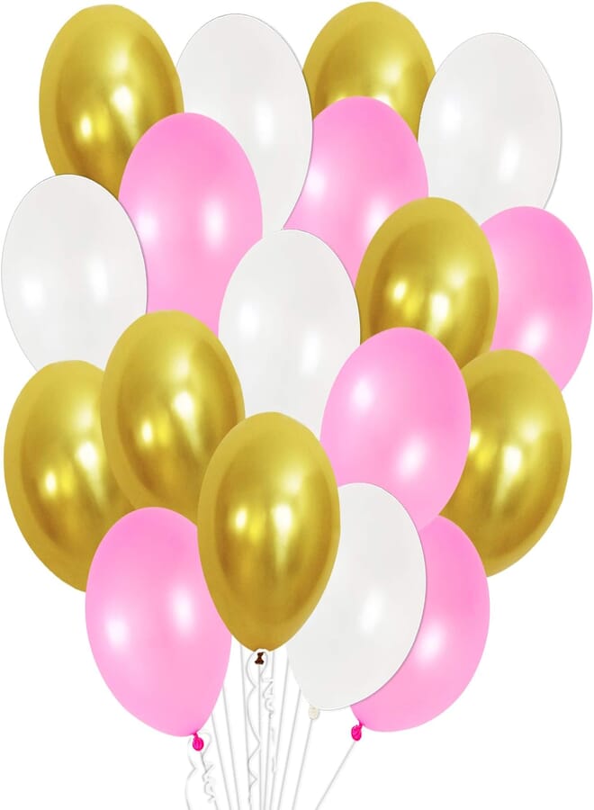 KATCHON Pink and White Party Balloons - Pack of 50 I Gold Latex Balloons I Pink Party Decorations I Birthday and Bachelorette Decorations I Bridal, Baby Shower, Wedding, Home and Office Decor Supplies Kit