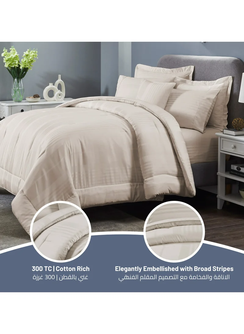 Donetella Comforter Set 7-Pieces Double Size Hotel Style All Season Cotton Blend Stripe Pattern Bedding Set With  Down Alternative Filling, French Oak
