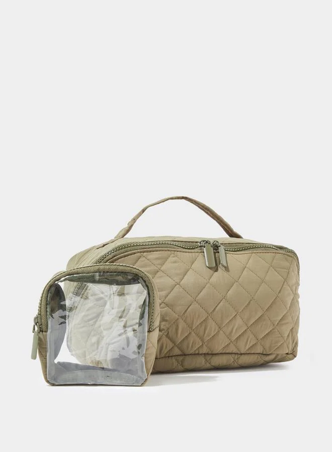 Khaki Quilted Washbag with Clear Mini Pouch