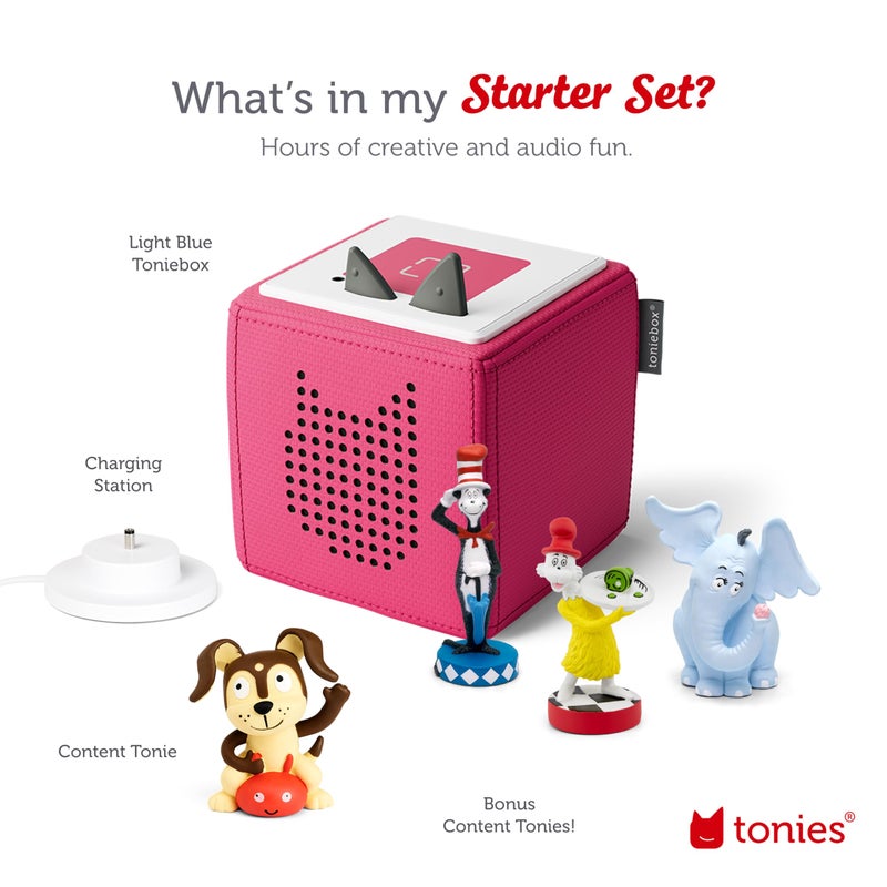 Tonies Toniebox Audio Starter Set with Cat in The Hat, Sam-l-Am, Horton Hears a Who!, and Playtime Puppy - Listen, Learn, and Play with One Huggable Little Box - Pink  - Image 5