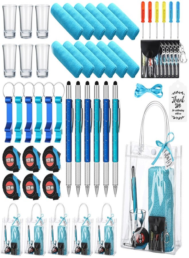 Leinuosen 6 Set Baby Shower Prizes for Men with Cleaning Cloth Bottle Opener Screwdriver Tape Measuring Keychain Multi Tool Pen Gift Bag Baby Shower Game Prizes for Winner(Blue,Classic Style) - Image 1