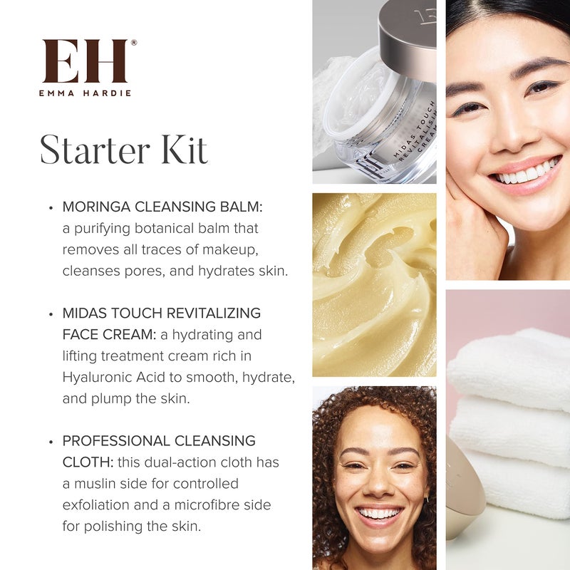 Emma Hardie Starter Kit: Travel Size 50ml Moringa Cleansing Balm, Travel Size 15ml Midas Touch Revitalising Cream & Professional Cleansing Cloth, Packed in a Cosmetic Bag, Natural & Cruelty Free - Image 2