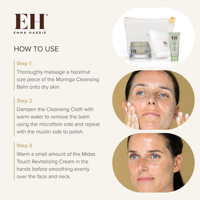 Emma Hardie Starter Kit: Travel Size 50ml Moringa Cleansing Balm, Travel Size 15ml Midas Touch Revitalising Cream & Professional Cleansing Cloth, Packed in a Cosmetic Bag, Natural & Cruelty Free - Image 4
