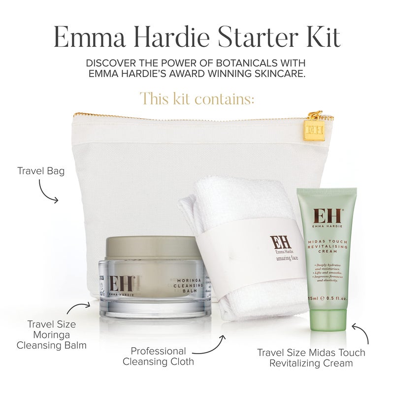 Emma Hardie Starter Kit: Travel Size 50ml Moringa Cleansing Balm, Travel Size 15ml Midas Touch Revitalising Cream & Professional Cleansing Cloth, Packed in a Cosmetic Bag, Natural & Cruelty Free - Image 1