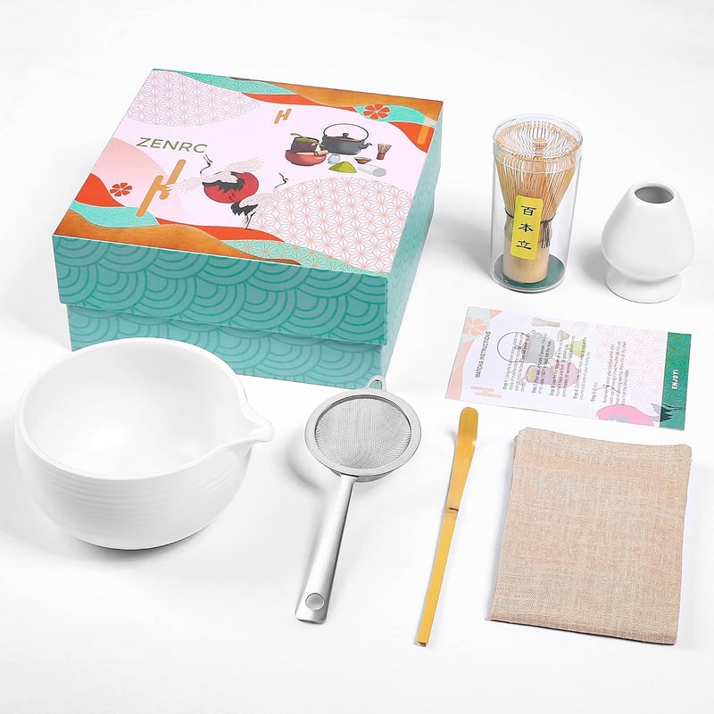 ZENRC Ceremony Matcha Kit - Traditional Bamboo Matcha Chasen Chashaku Chawan Bowl with Pouring Spout Whisk Holder Sifter Tea Towel- The Perfect Matcha Set (Ivory White, Set of 6) - Image 1