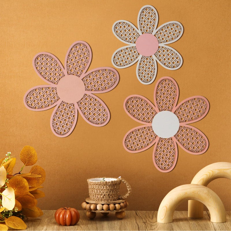 Maitys 3 Pieces Boho Daisy Wall Decor Natural Rattan Flower Wall Hanging Art Wooden Boho Art Nursery Flowers Farmhouse Hanging Decor for Home Office Nursery(Rustic Color) - Image 3