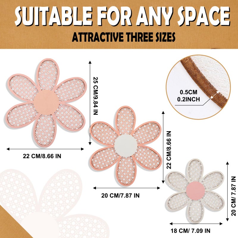 Maitys 3 Pieces Boho Daisy Wall Decor Natural Rattan Flower Wall Hanging Art Wooden Boho Art Nursery Flowers Farmhouse Hanging Decor for Home Office Nursery(Rustic Color) - Image 2