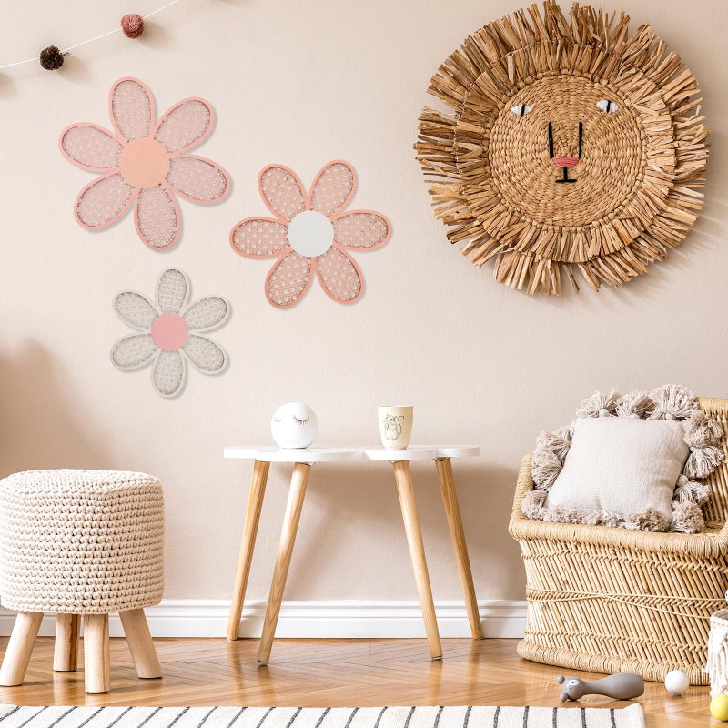 Maitys 3 Pieces Boho Daisy Wall Decor Natural Rattan Flower Wall Hanging Art Wooden Boho Art Nursery Flowers Farmhouse Hanging Decor for Home Office Nursery(Rustic Color) - Image 5