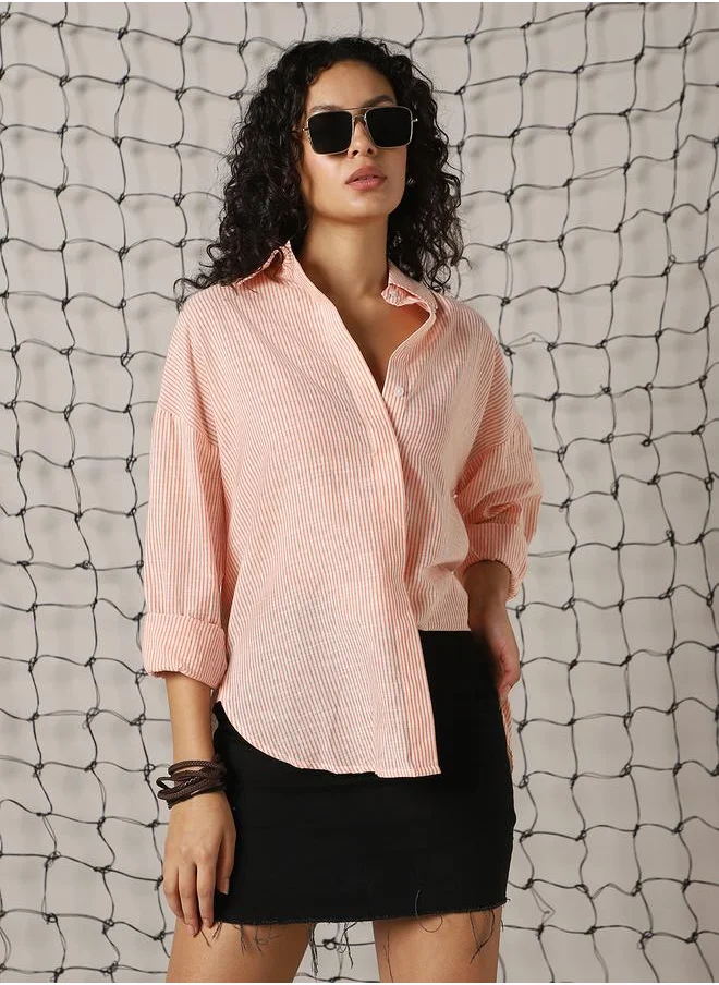 هوبرهولمي Women Shirts in Orange featuring Oversized fit with a striped pattern, spread collar collar, spread collar neckline, long sleeve, secured with button closure, crafted from 100% cotton – an essential addition to your stylish collection.