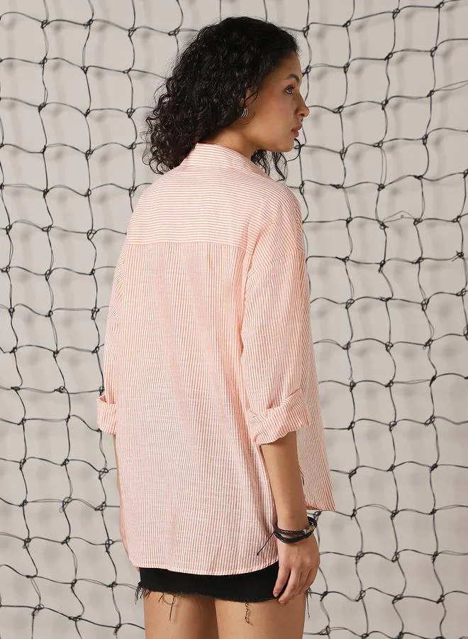 هوبرهولمي Women's Orange 100% Cotton Striped Longline Oversized Shirt