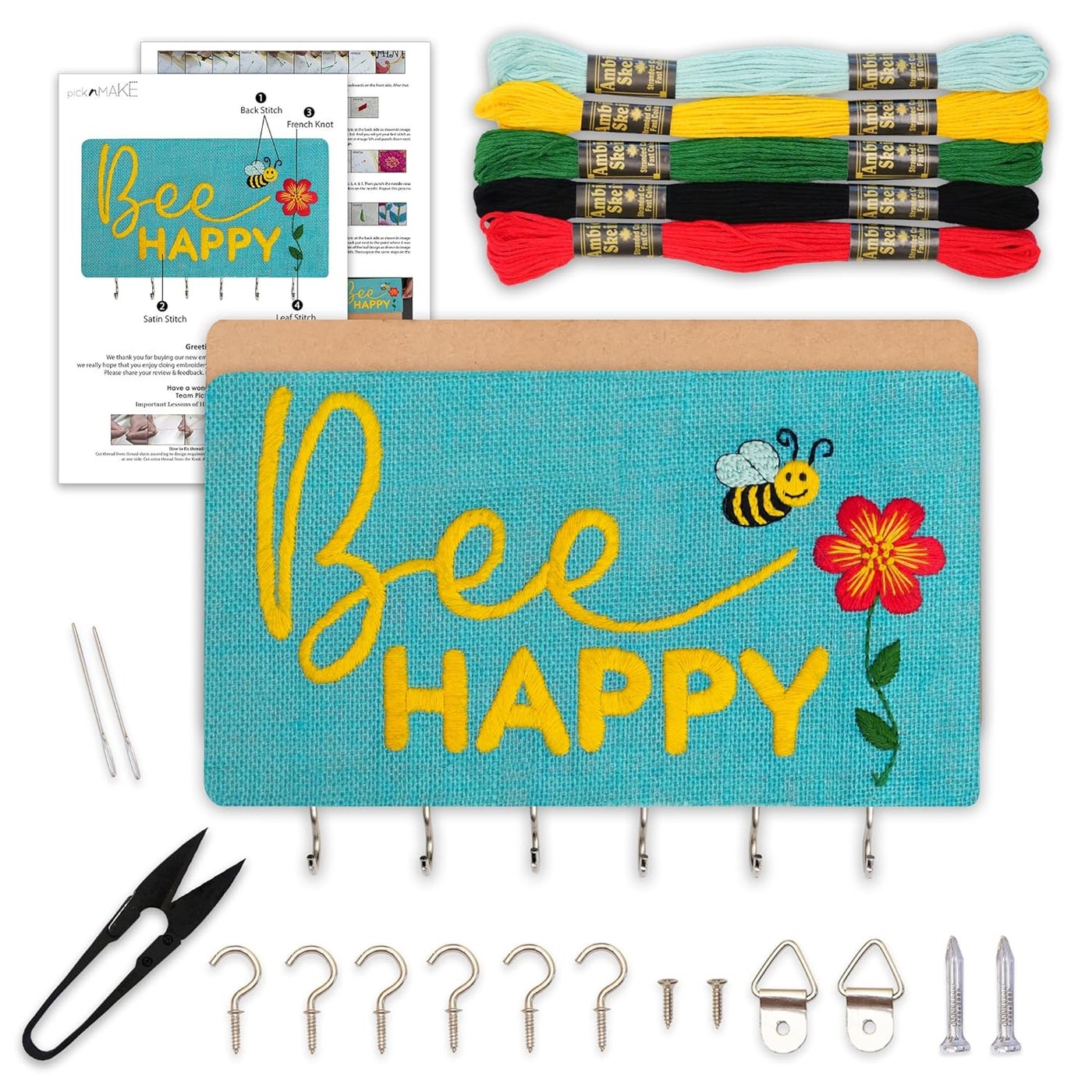 picknMAKE DIY Embroidery Keychain Holder Kit Stitch Bee Happy Design on Stiff Fabric Assemble on MDF Panel Create a Personalized WallMounted Key Organizer with Hooks Hinges Complete Tools