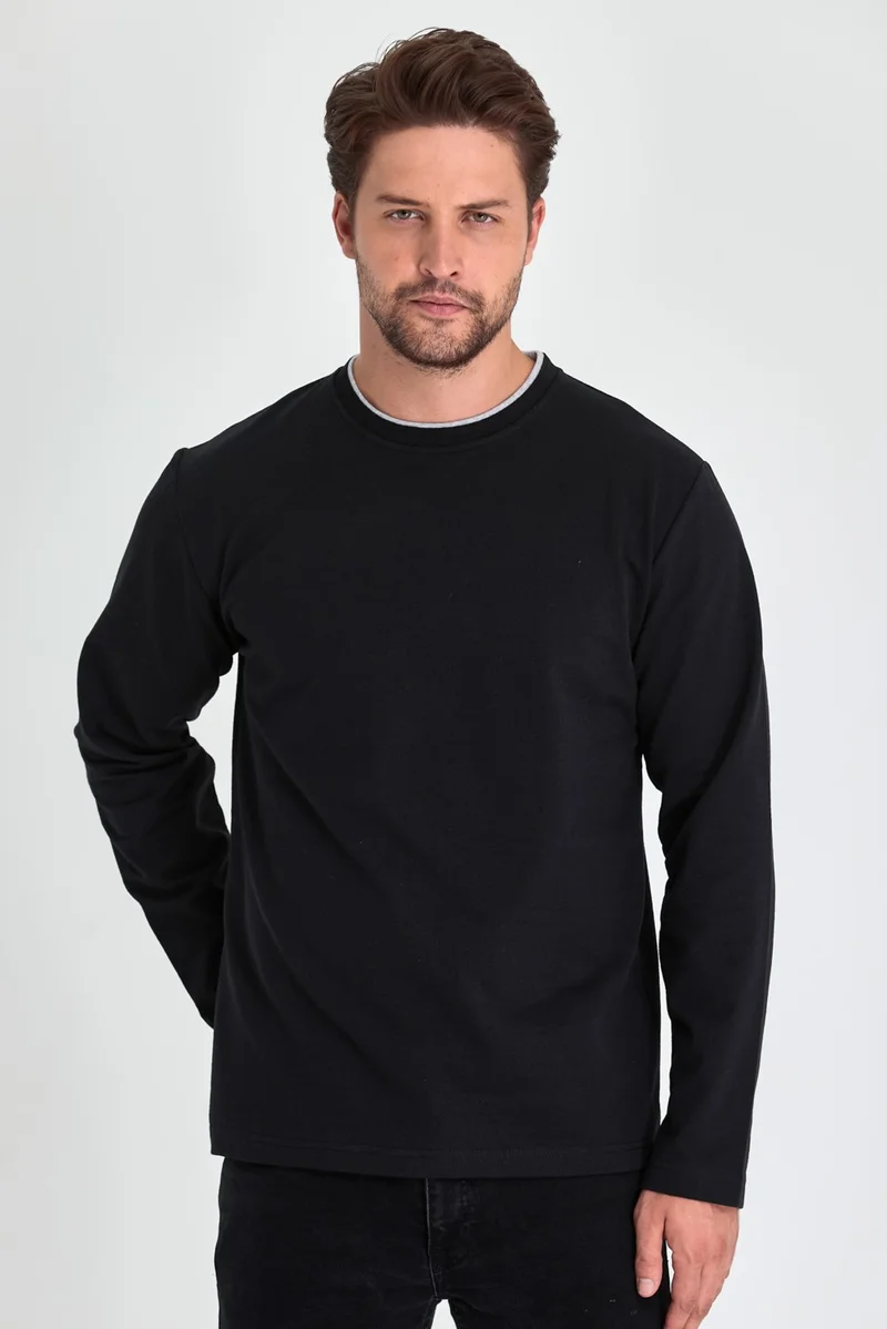 mmetalic Metalic Men's Black Double Crew Neck Standard Relaxed Cut Sweatshirt