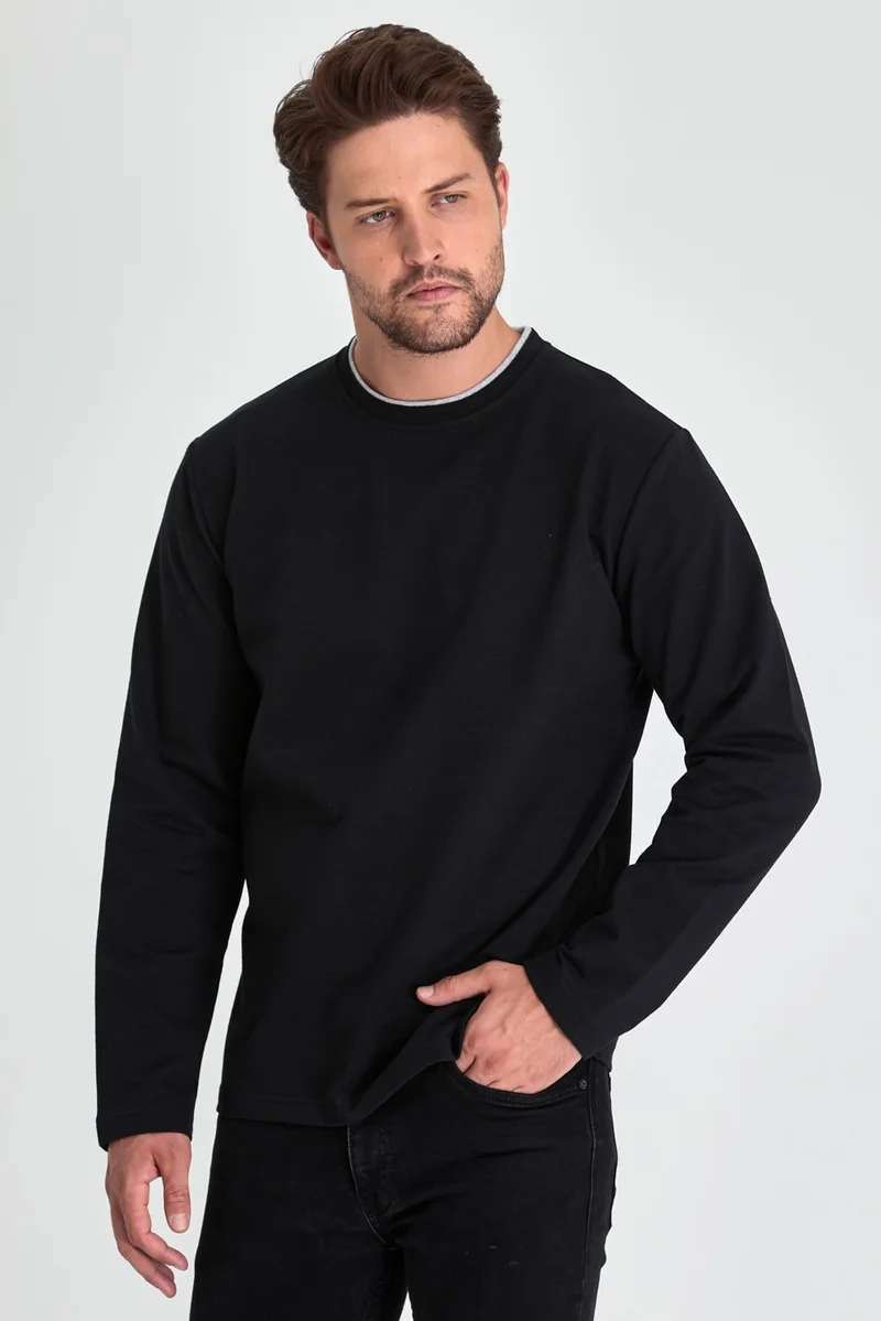 mmetalic Metalic Men's Black Double Crew Neck Standard Relaxed Cut Sweatshirt