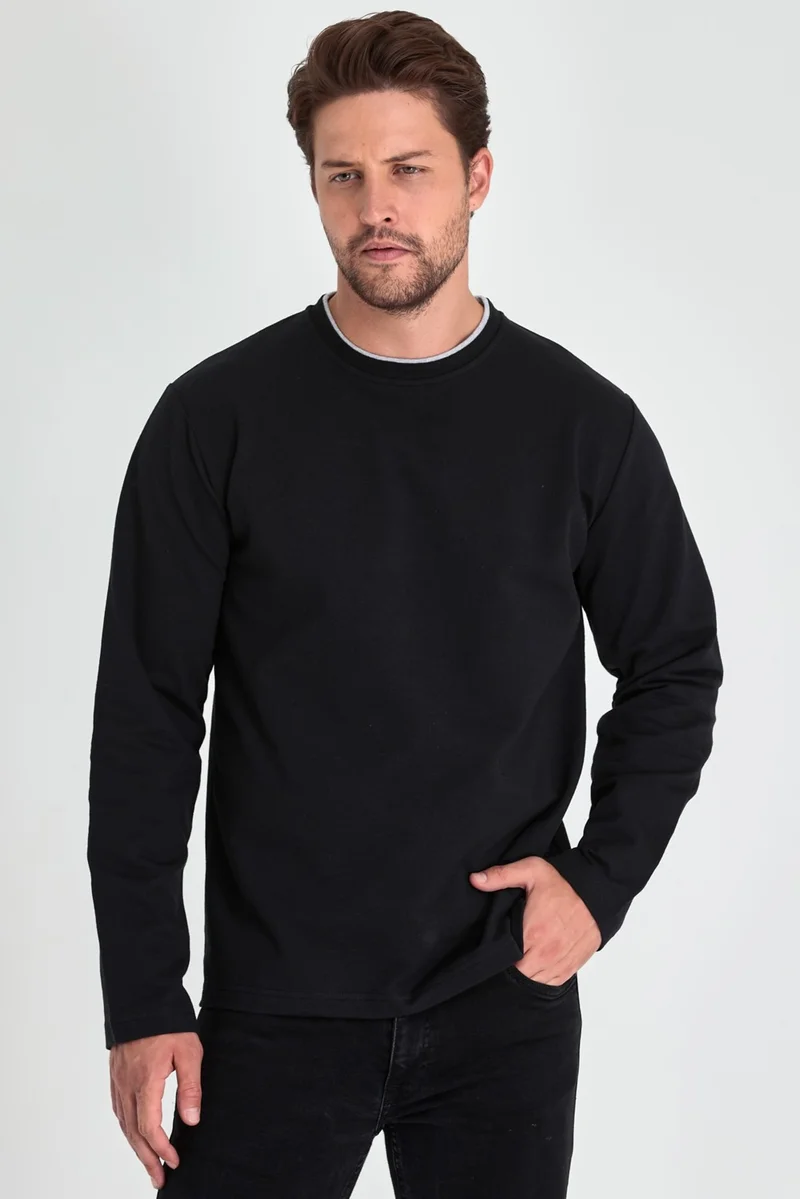 mmetalic Metalic Men's Black Double Crew Neck Standard Relaxed Cut Sweatshirt