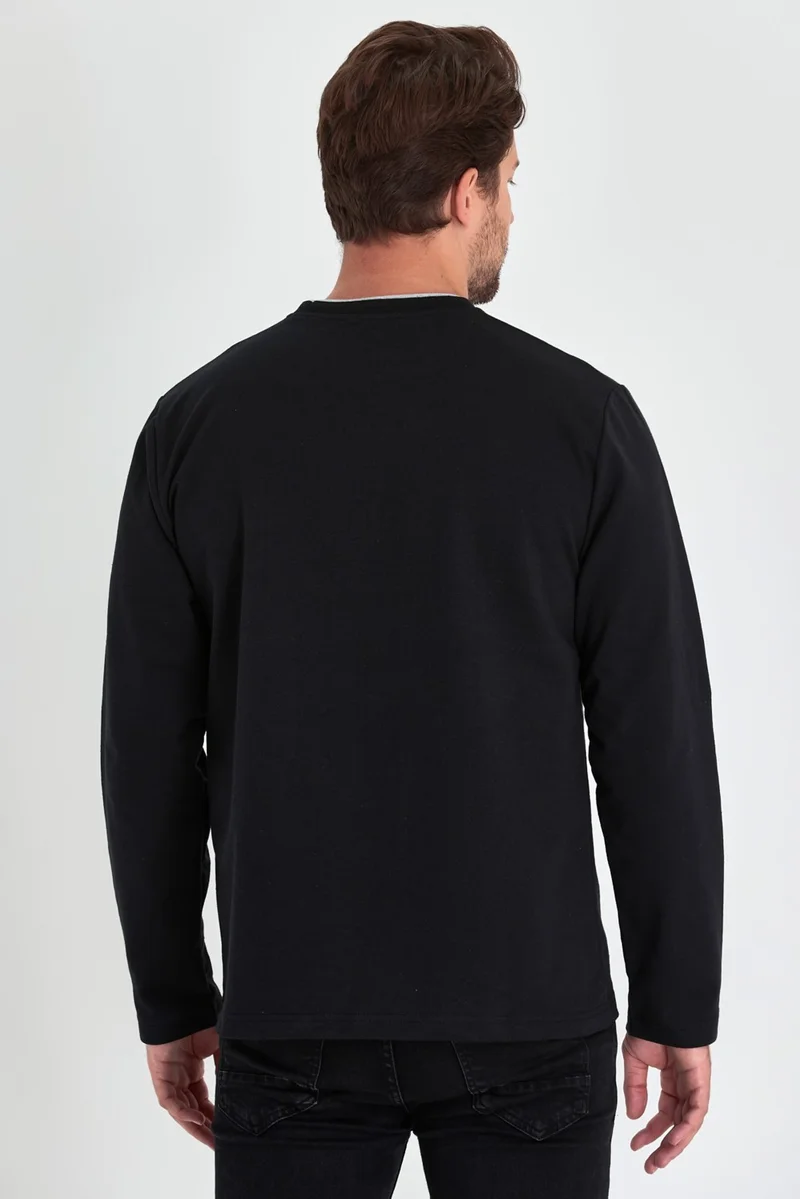 mmetalic Metalic Men's Black Double Crew Neck Standard Relaxed Cut Sweatshirt