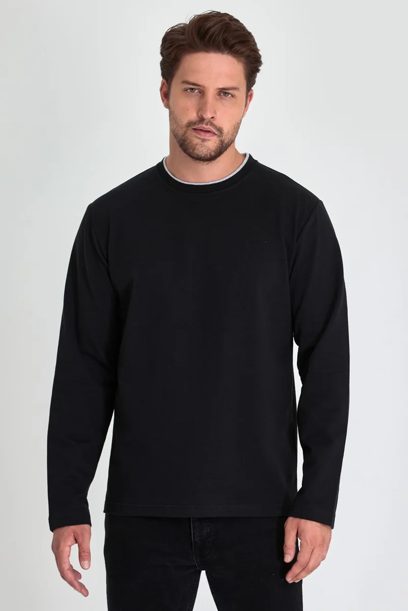 mmetalic Metalic Men's Black Double Crew Neck Standard Relaxed Cut Sweatshirt