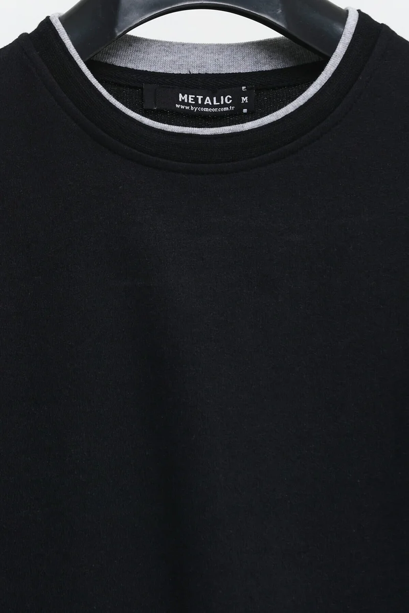 mmetalic Metalic Men's Black Double Crew Neck Standard Relaxed Cut Sweatshirt
