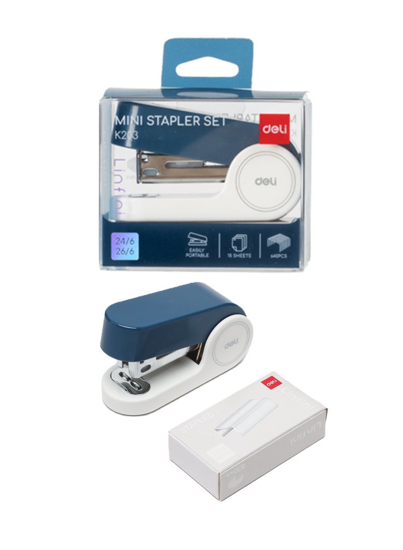 Deli 1-Piece Mini Stapler With A Pack Of Pins Blue  - Image 1