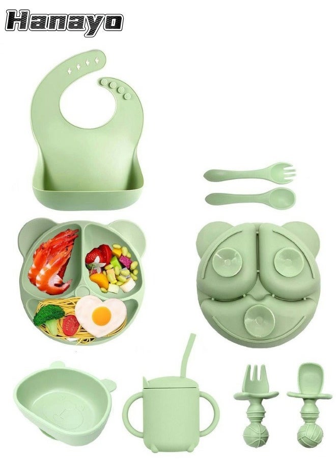 Hanayo 8 Pcs Silicone Baby Feeding Set Baby Led Weaning Supplies Set with Silicone suction cup and Bowl Self Feeding Spoons Forks Silicone cup Adjustable Bib with Food Collector(Green)  - Image 1
