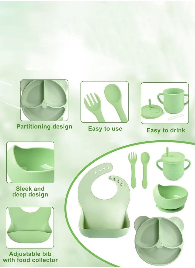 Hanayo 8 Pcs Silicone Baby Feeding Set Baby Led Weaning Supplies Set with Silicone suction cup and Bowl Self Feeding Spoons Forks Silicone cup Adjustable Bib with Food Collector(Green)  - Image 4