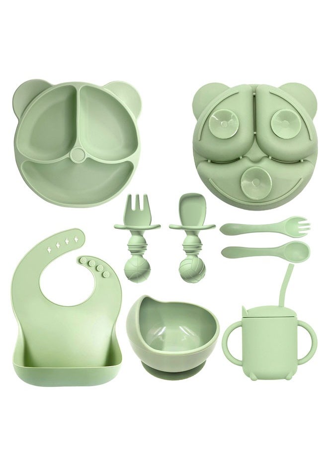 Hanayo 8 Pcs Silicone Baby Feeding Set Baby Led Weaning Supplies Set with Silicone suction cup and Bowl Self Feeding Spoons Forks Silicone cup Adjustable Bib with Food Collector(Green)  - Image 2