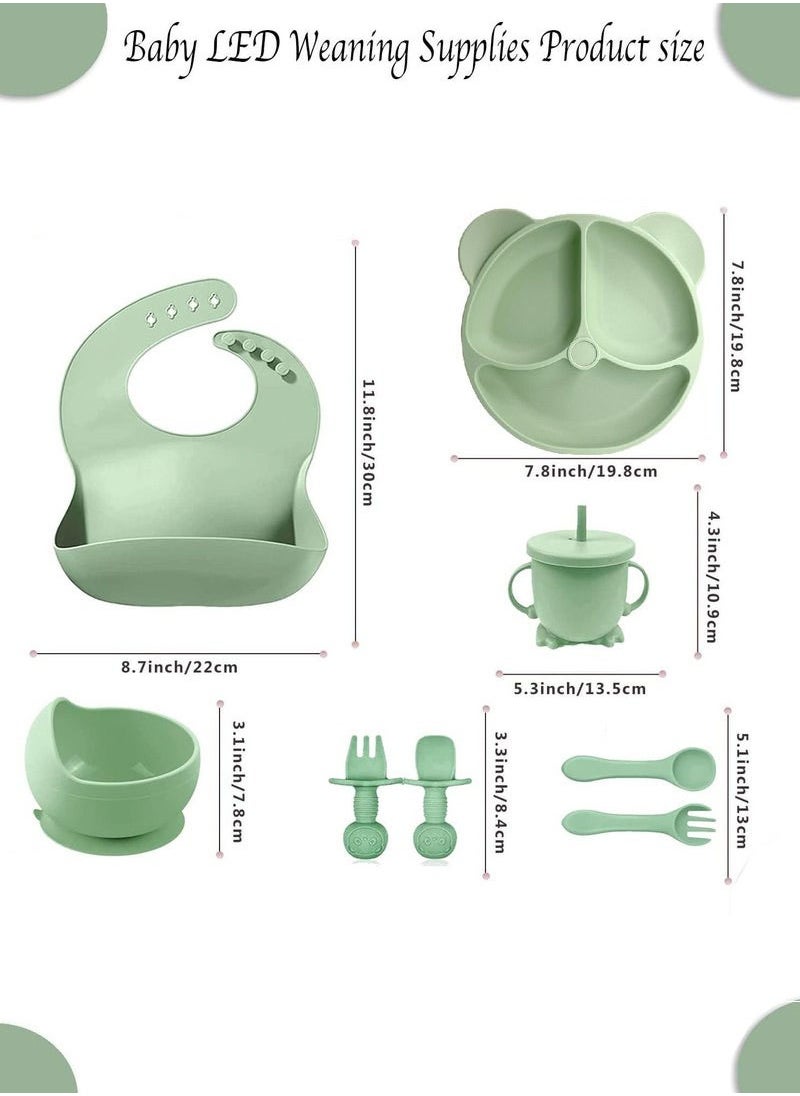 Hanayo 8 Pcs Silicone Baby Feeding Set Baby Led Weaning Supplies Set with Silicone suction cup and Bowl Self Feeding Spoons Forks Silicone cup Adjustable Bib with Food Collector(Green)  - Image 3