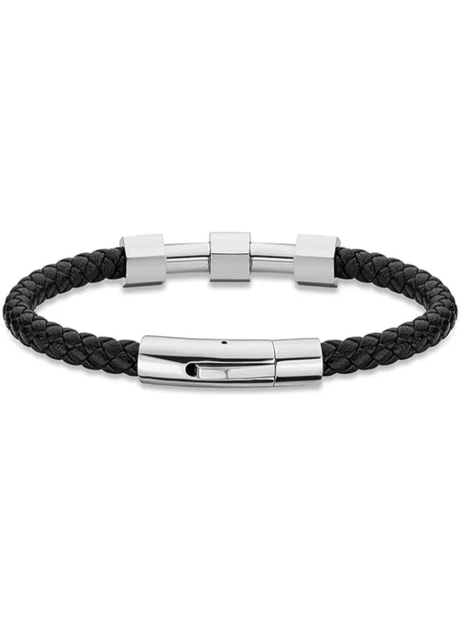 بوليس سوار جلد أسود لامع بأجنحة معدنية