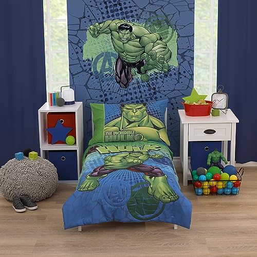 NoJo Marvel The Incredible Hulk Green, and Blue 4 Piece Toddler Bed Set - Comforter, Fitted Bottom Sheet, Flat Top Sheet, and Reversible Pillowcase - Image 1