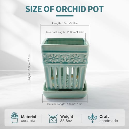 SUADEN Orchid Pots with Holes | 5" Ceramic Orchid Planter with Separate Saucer and Drainage Holes | Crackle Glazed Pottery Small Flower Pot for Repotting Orchids（Blue） - Image 5