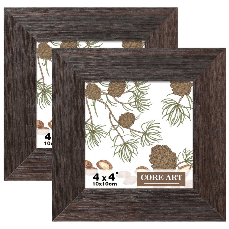 CORE ART 4x4 Picture Frame Handmade Wood Rustic Brown Photo Frame Set of 2 High Definition Semitempered Glass Wall or Tabletop Display