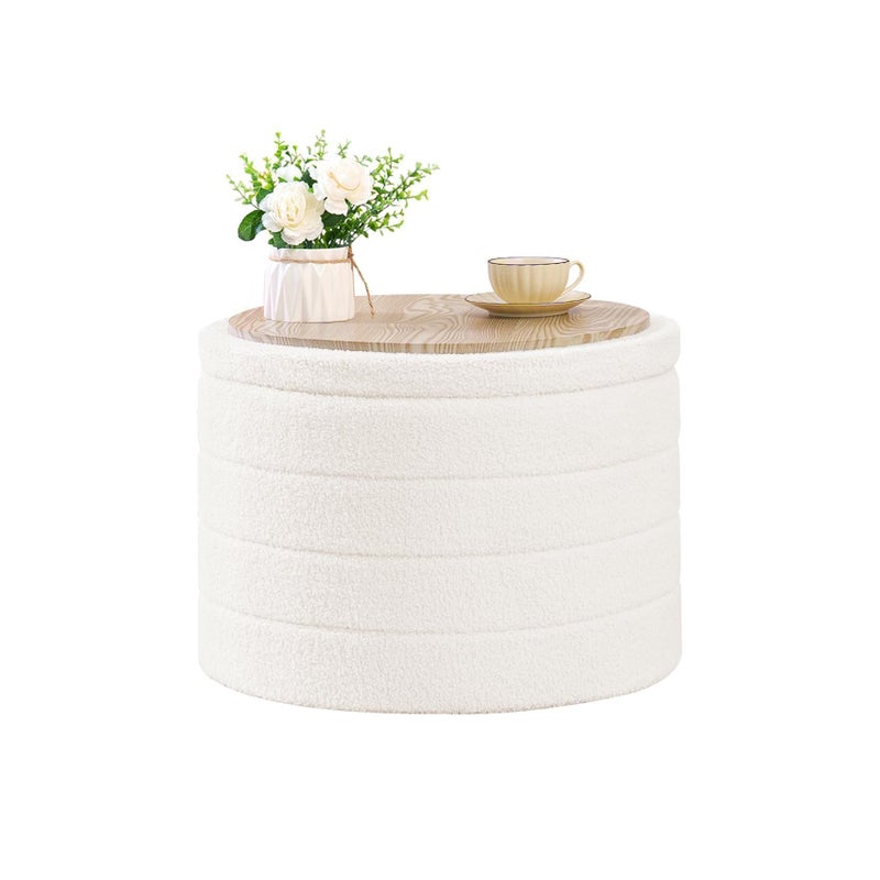 B FSOBEIIALEO Ottoman with Stroage, Round Sherpa Storage Ottoman Stool, Boucle Foot Rest22 x 22"x15.75" (White) - Image 1