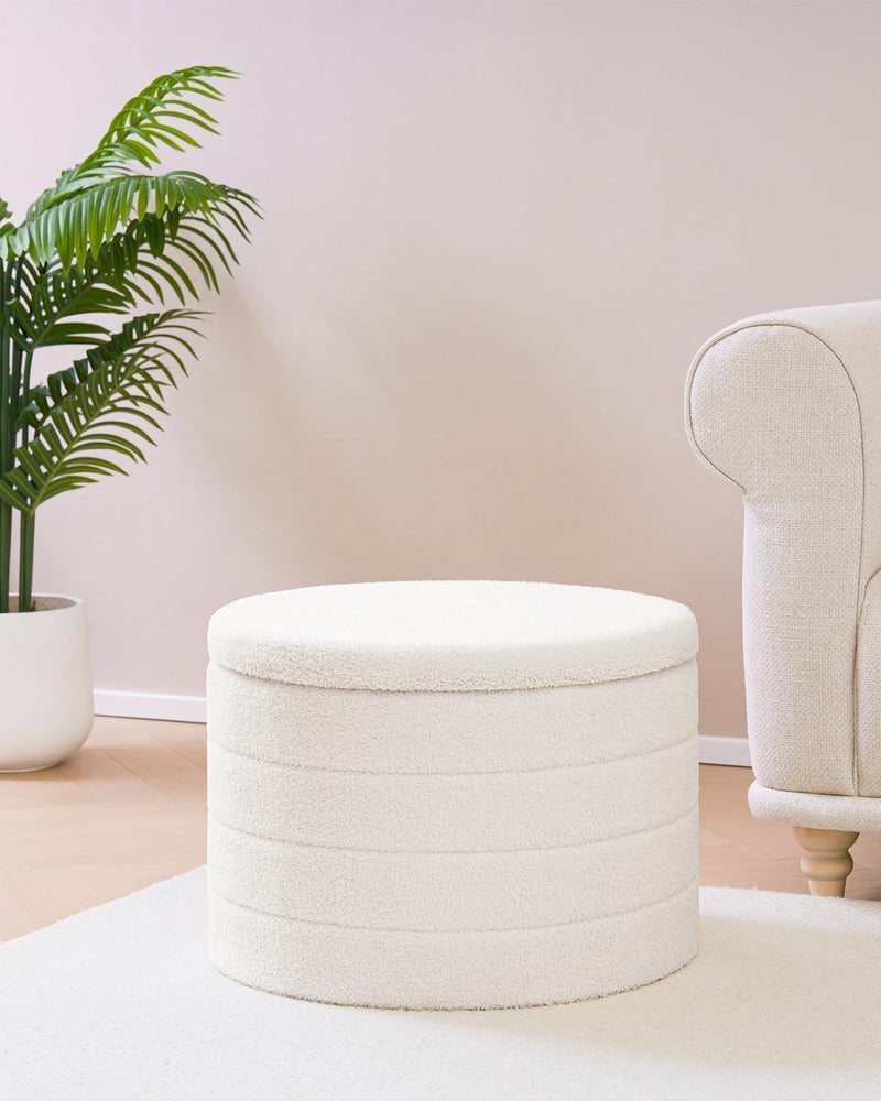 B FSOBEIIALEO Ottoman with Stroage, Round Sherpa Storage Ottoman Stool, Boucle Foot Rest22 x 22"x15.75" (White) - Image 3