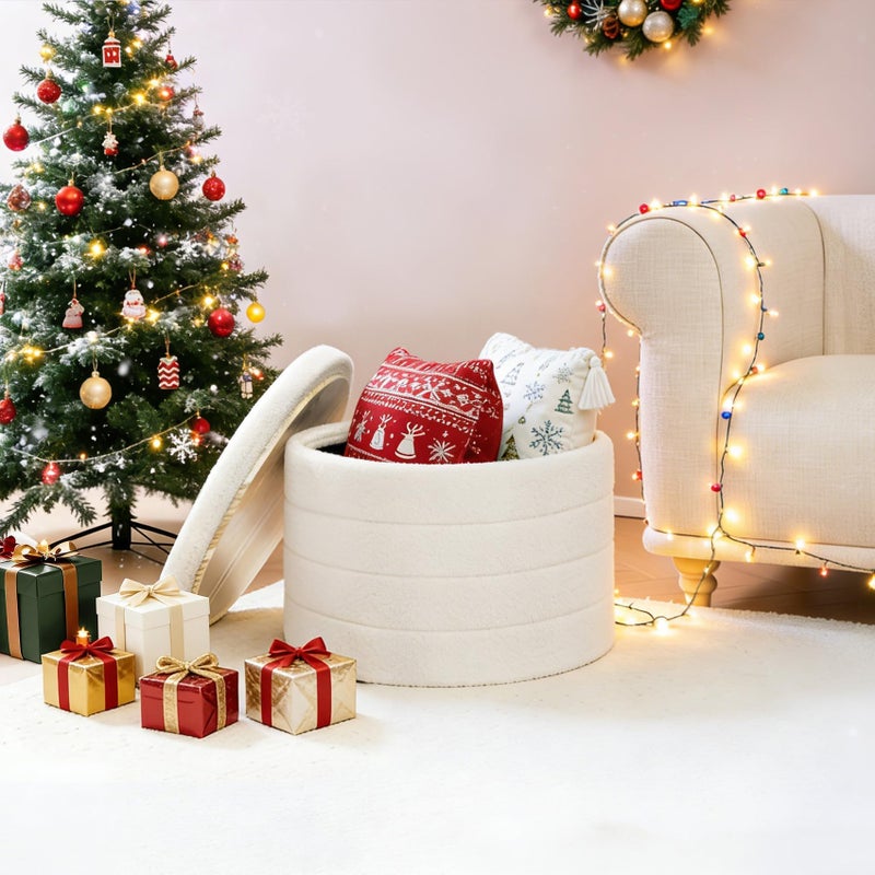 B FSOBEIIALEO Ottoman with Stroage, Round Sherpa Storage Ottoman Stool, Boucle Foot Rest22 x 22"x15.75" (White) - Image 2